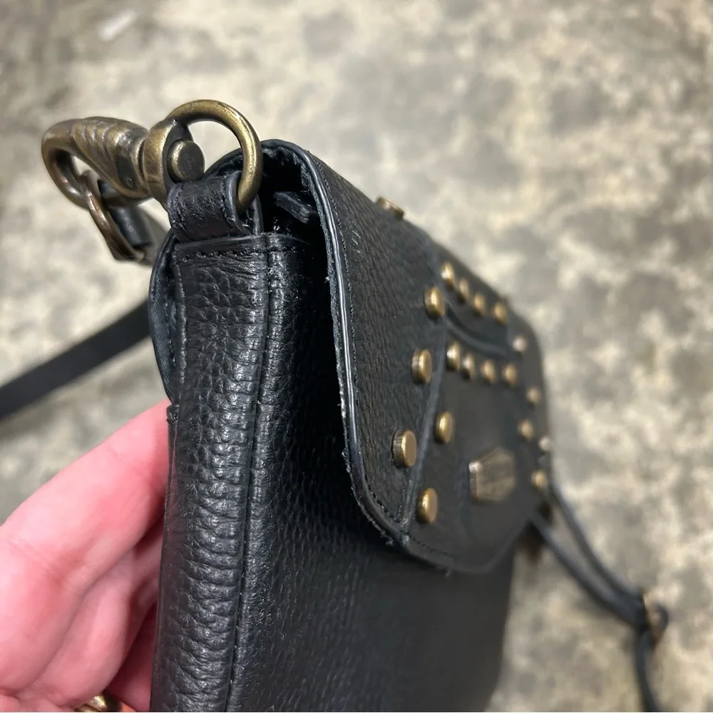 Harley-Davidson Women's Black Leather Gold‎ Studded Midnight Rider Hip Crossbody